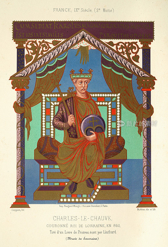 秃头查理，洛林加冕国王，860年，摘自《祈祷书》，柳塔德所著，9世纪法国艺术。