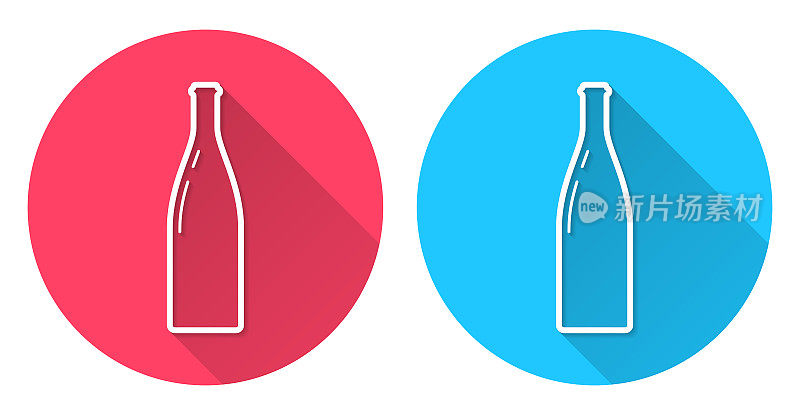 瓶子。圆形图标与长阴影在红色或蓝色的背景