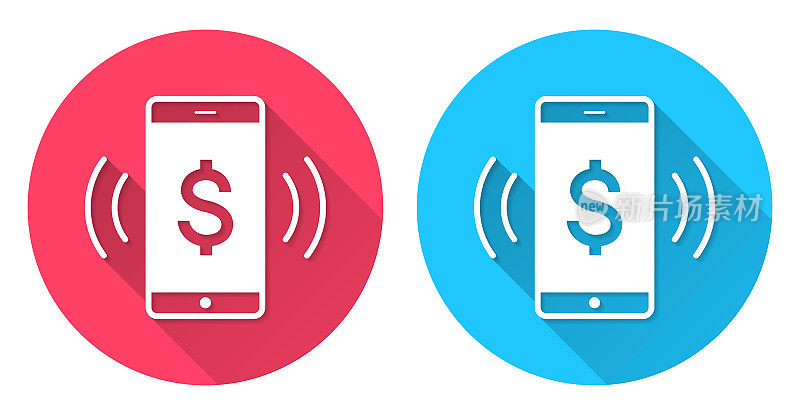智能手机响起美元符号。圆形图标与长阴影在红色或蓝色的背景