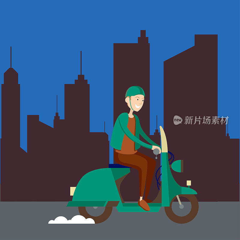 年轻人骑着他的绿色摩托车在夜间旅行