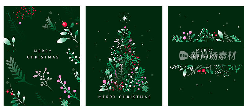 一套圣诞快乐贺卡设计模板在深绿色与圣诞树形状由手绘树枝和花卉制成