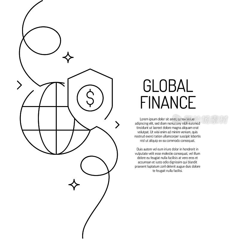 全球金融图标的连续线条绘制。手绘符号矢量插图。