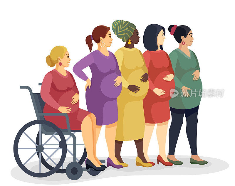 多种族孕妇群体，包括一名坐在轮椅上的残疾妇女。
