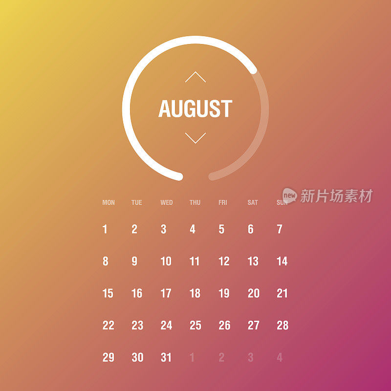 2016年日历。8月。一周星期一
