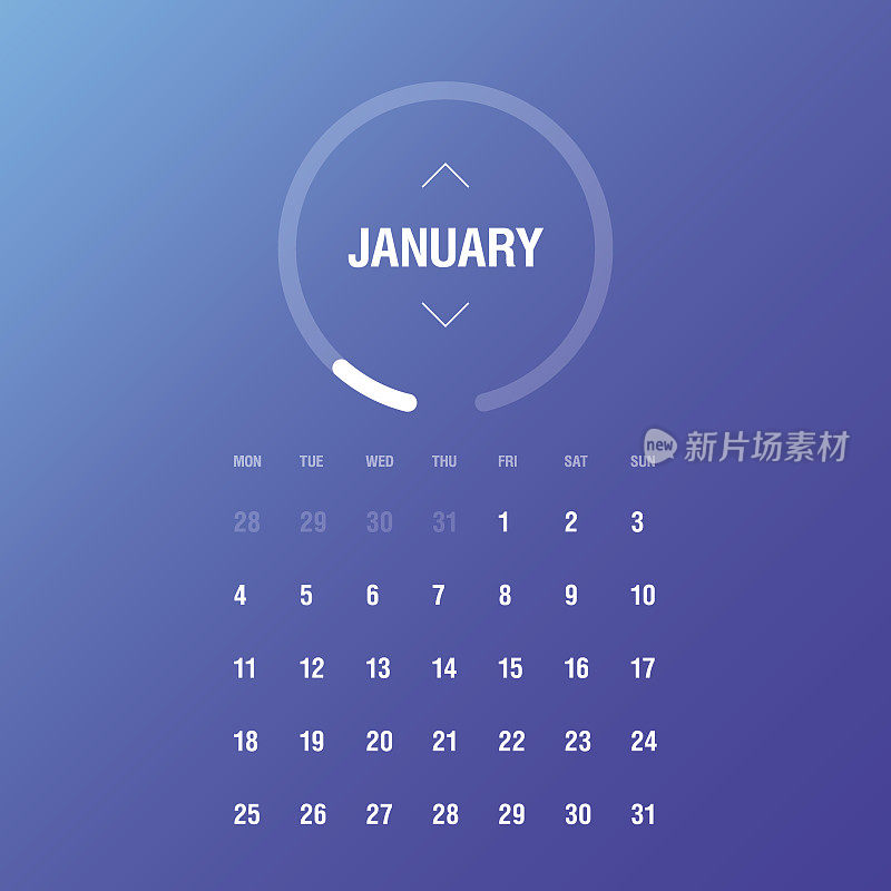 2016年日历。1月。一周星期一