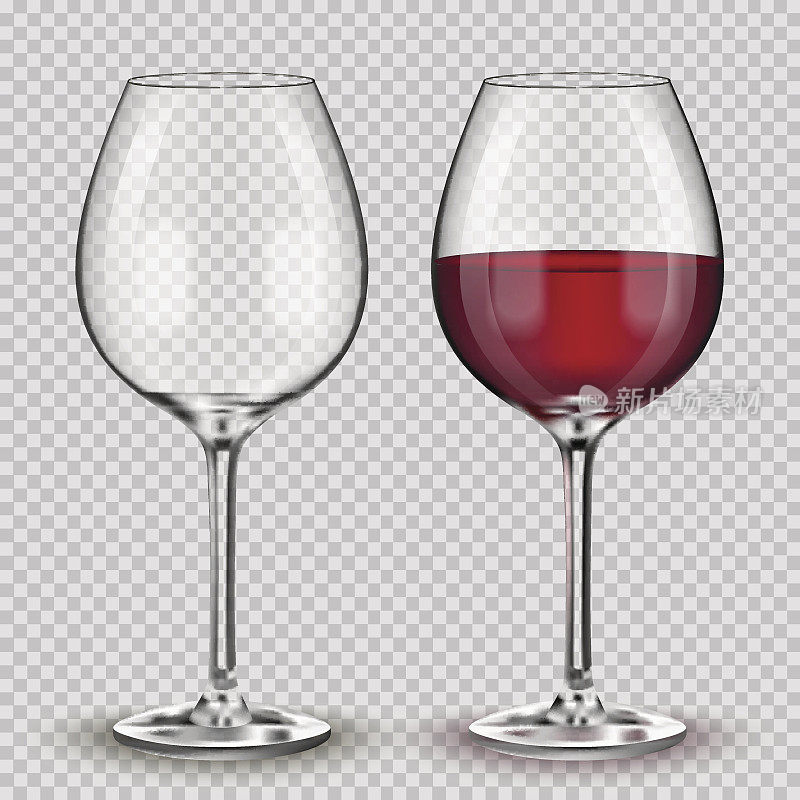 透明矢量酒杯与红酒。
