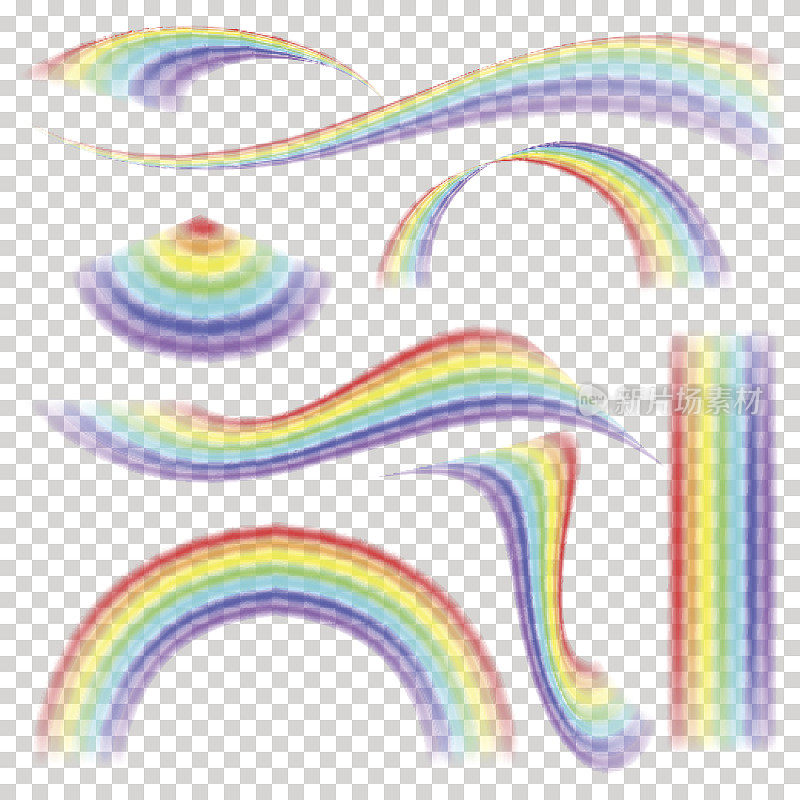 彩虹组向量。不同的形状。现实彩虹设置隔离透明背景