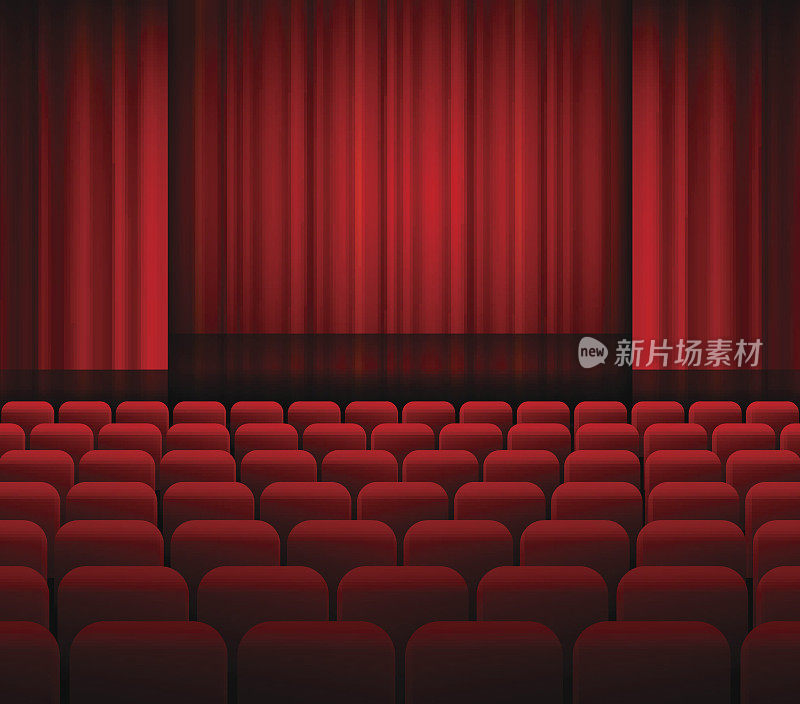 打开剧院的红色窗帘，配有灯光和座位。