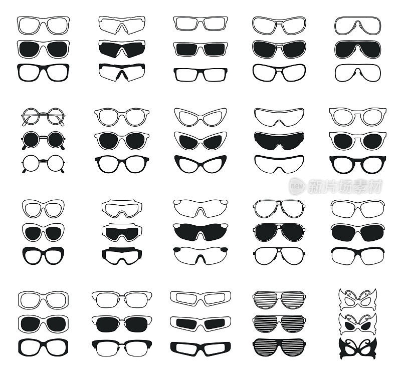 时尚眼镜简单黑色矢量图标集