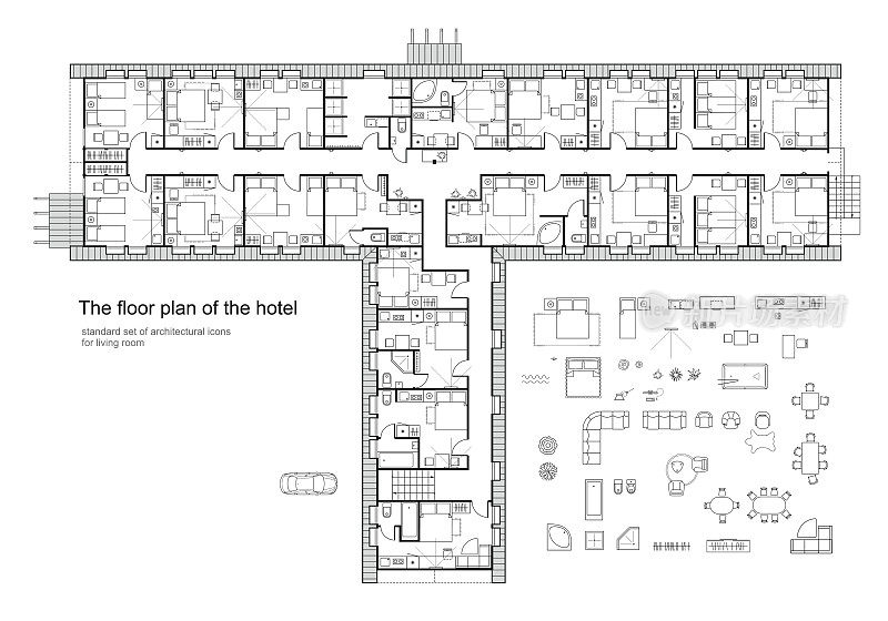 酒店的建筑平面图。标准家具符号集。