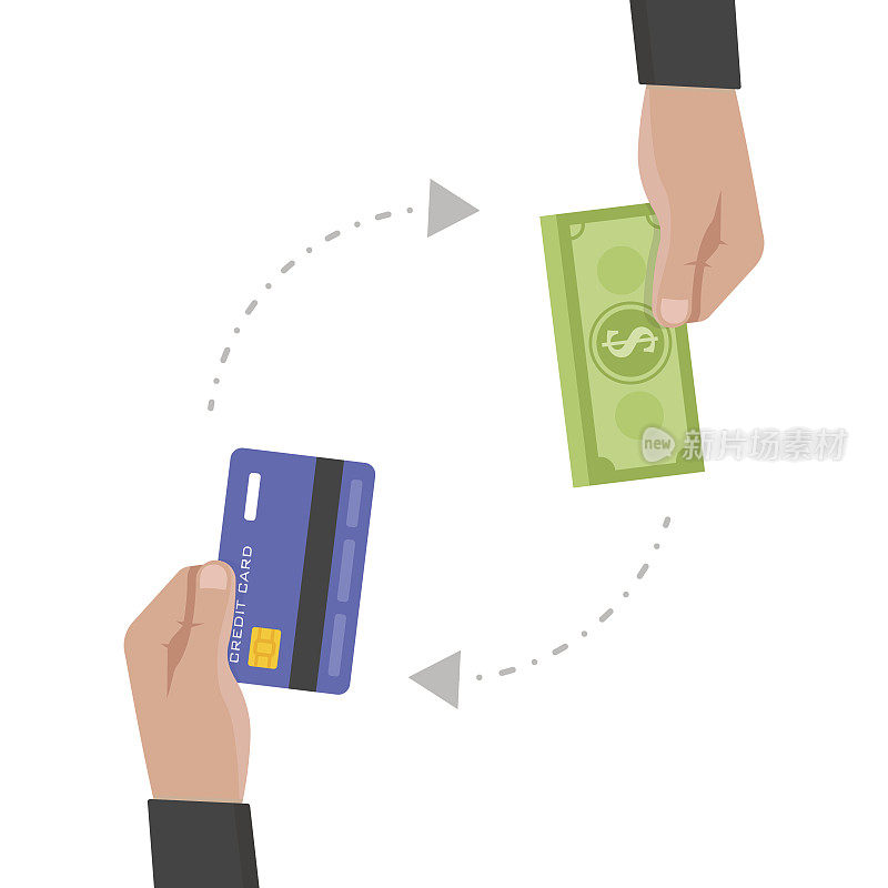 商人手持信用卡与货币兑换矢量图。