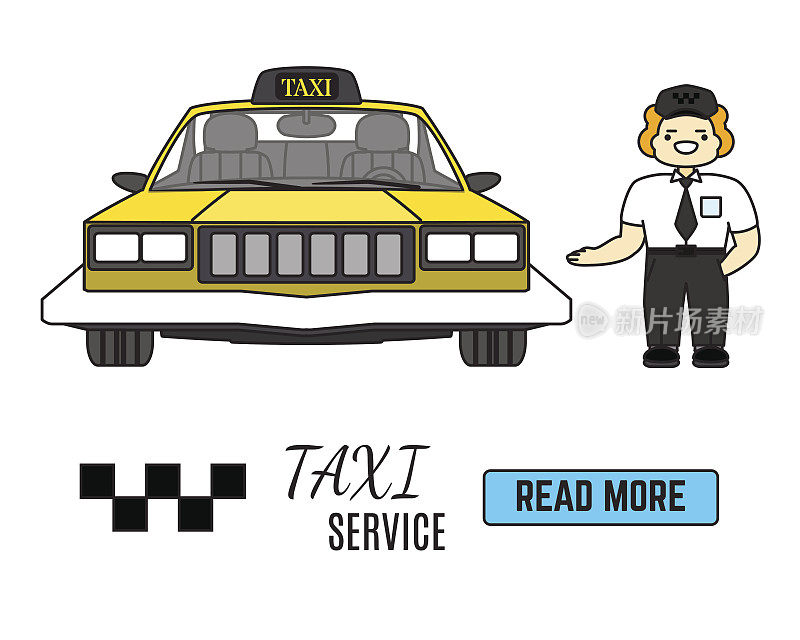 出租车服务旗帜。出租车司机在他的出租车旁边。平面矢量插图在卡通风格
