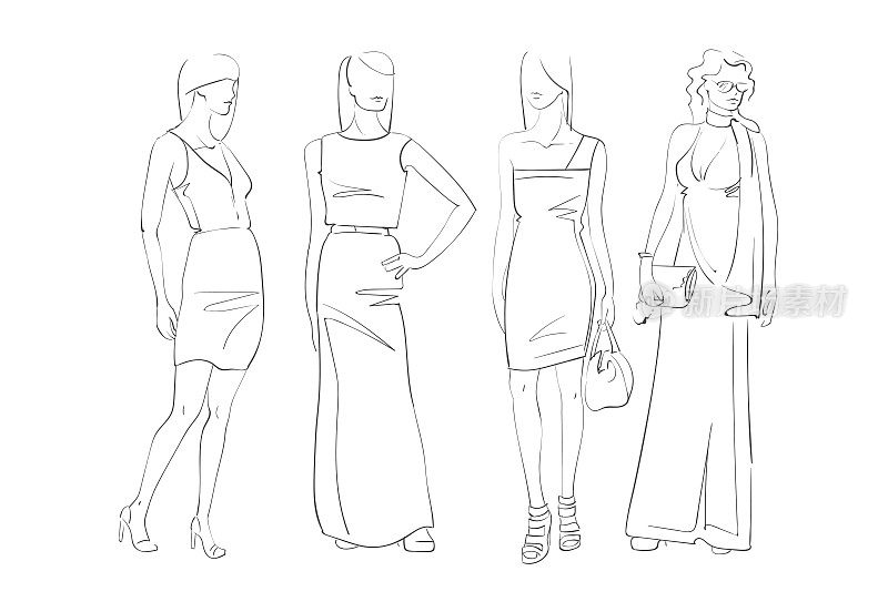 服装的时装收集集的模特穿着时髦的服装素描