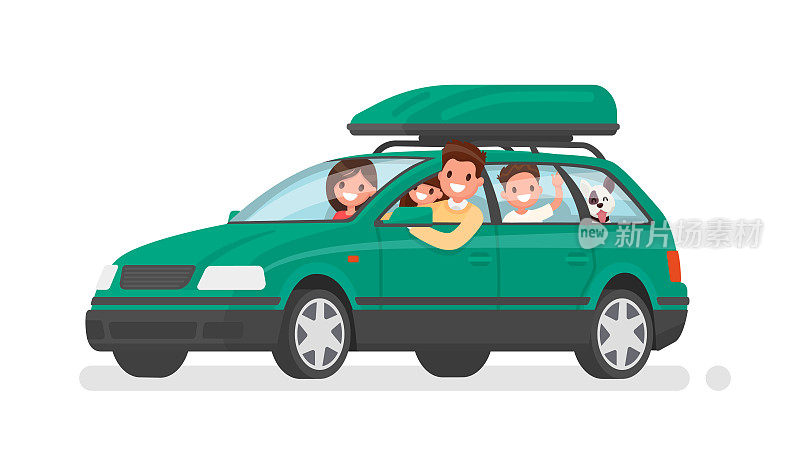 幸福的一家人开车去度假。爸爸，妈妈，儿子，女儿和狗去旅行。矢量图