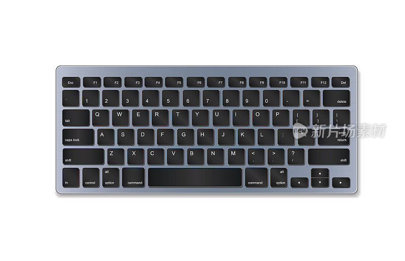 灰色塑料键盘与黑色按钮隔离在白色背景。