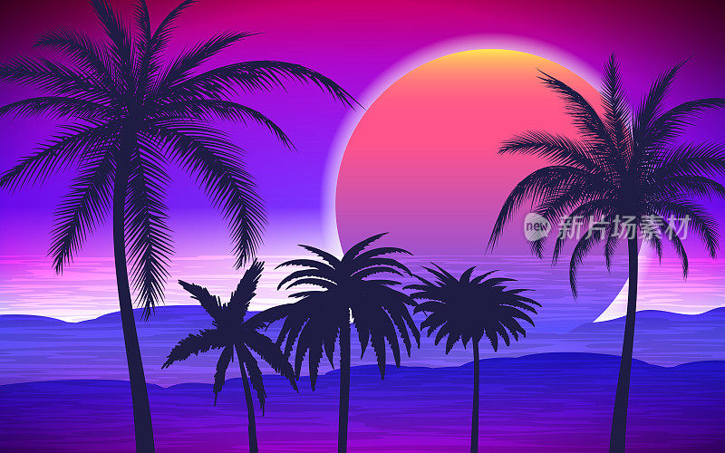 热带日出上的棕榈树