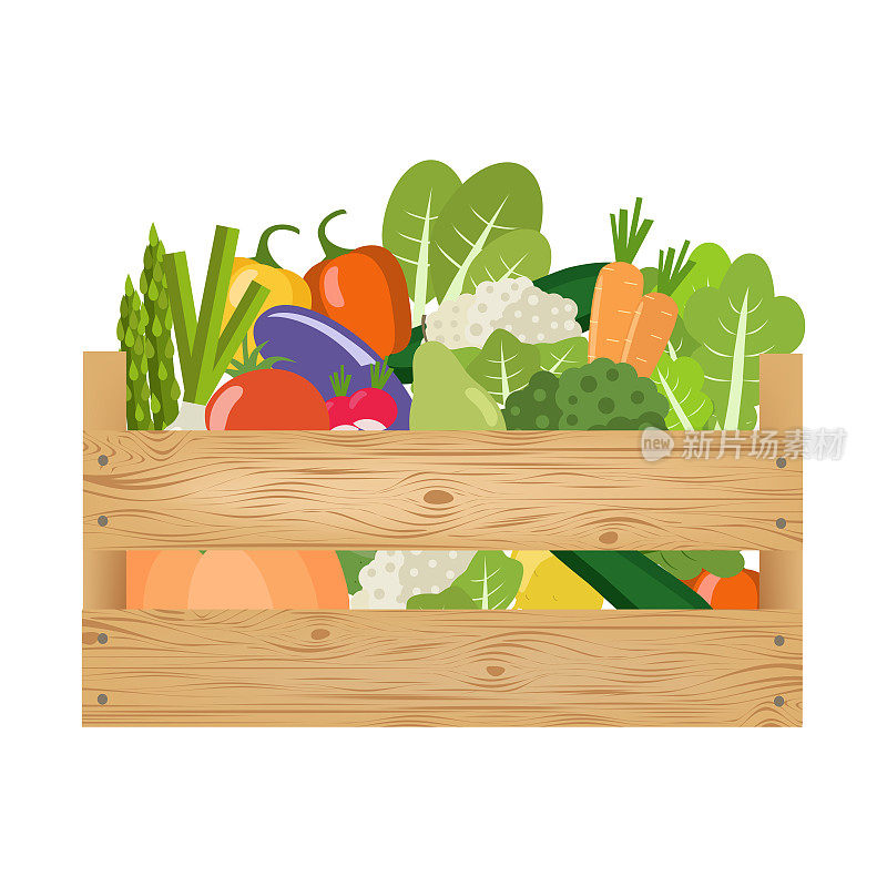 装着蔬菜和水果的木箱。健康的生活方式。