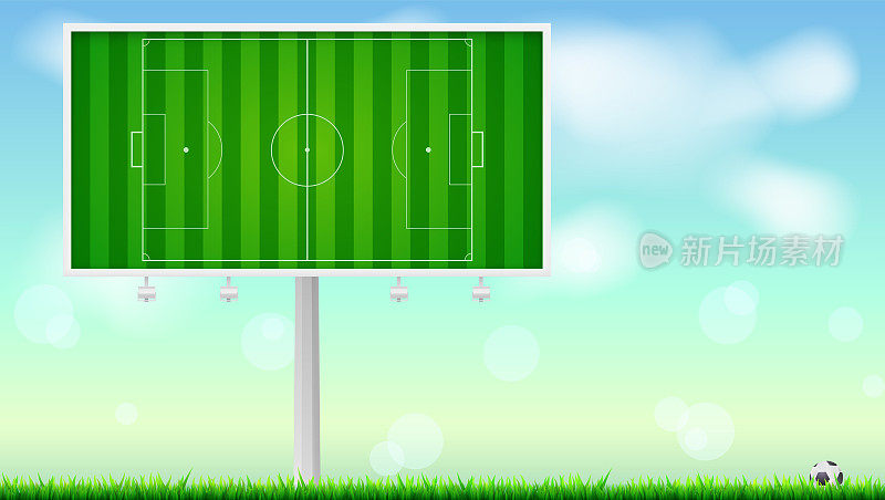 欧洲足球，足球场上的水平广告牌。田野与标记在夏季天空的背景。足球躺在草地上。可调整大小的矢量插图为您，准备打印设计