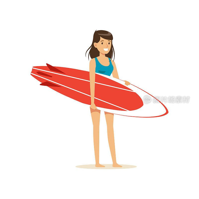 微笑的黑发女孩站在海滩上与红色冲浪板，水上极限运动，暑假矢量插图