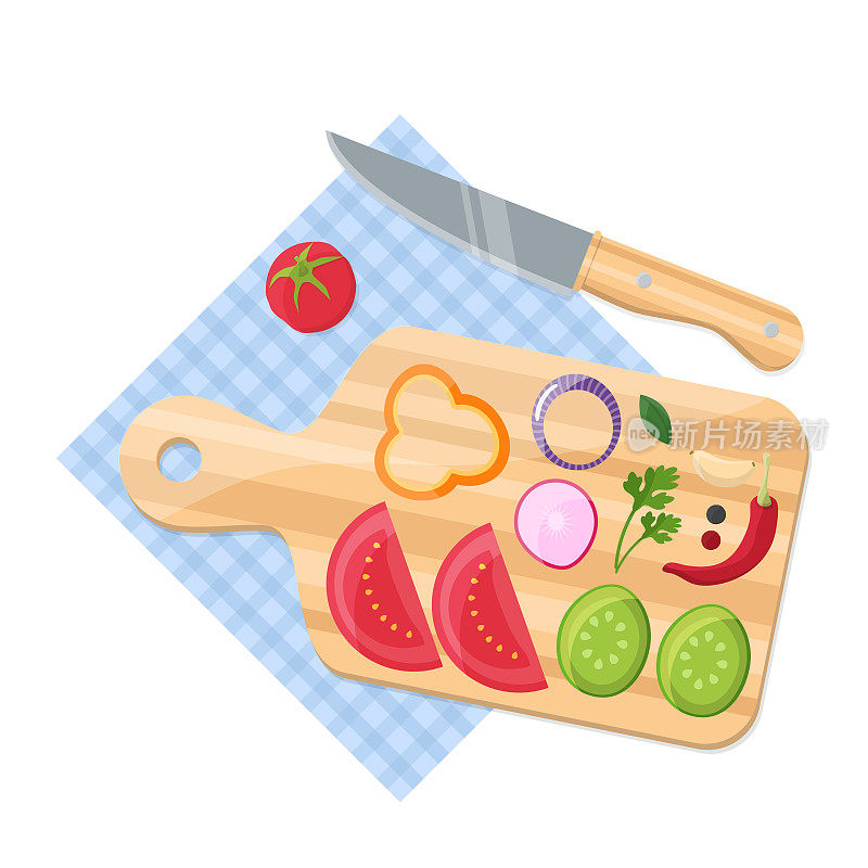 烹饪食物的概念。带切菜板和刀的天然蔬菜
