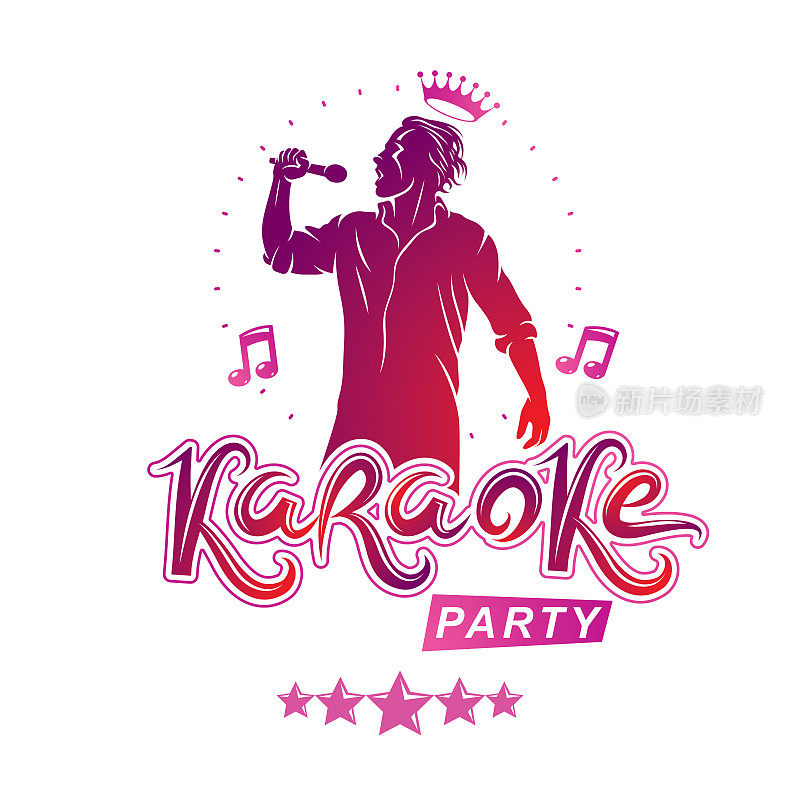 卡拉ok派对传单矢量封面设计使用音符，明星和独唱歌手唱歌麦克风。主持人秀广告海报