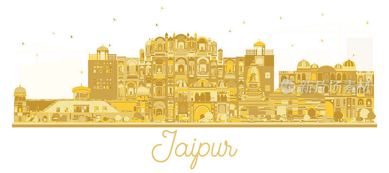 斋浦尔印度城市天际线金色剪影。