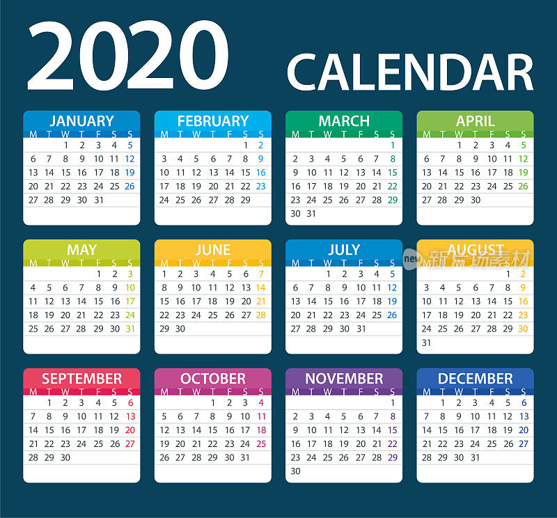 日历2020彩色-插图。一周从星期一开始