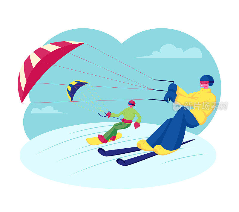 快乐的滑雪板和滑雪者与风筝骑下山的雪堆。采购产品极限冬季运动户外活动，滑雪度假村娱乐，滑雪板和滑雪风筝爱好。卡通平面矢量插图