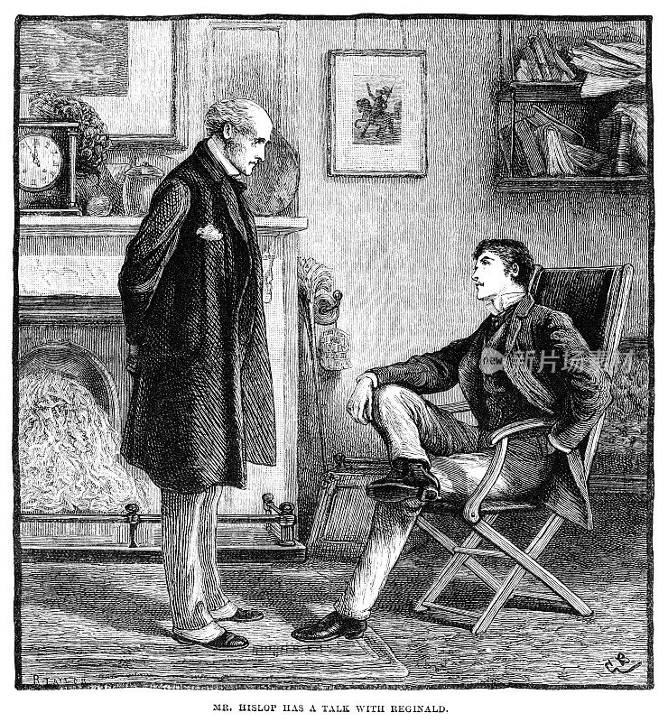 站着的成熟维多利亚绅士与坐着的年轻人交谈