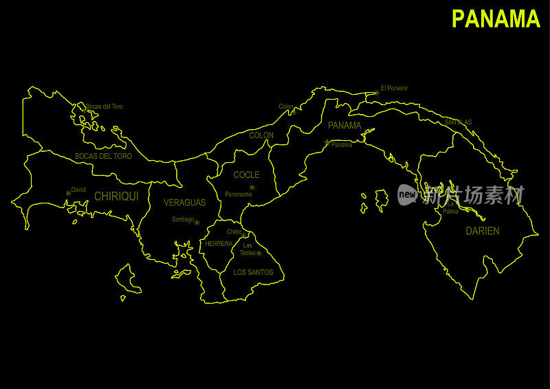 黑色背景下的巴拿马霓虹灯地图