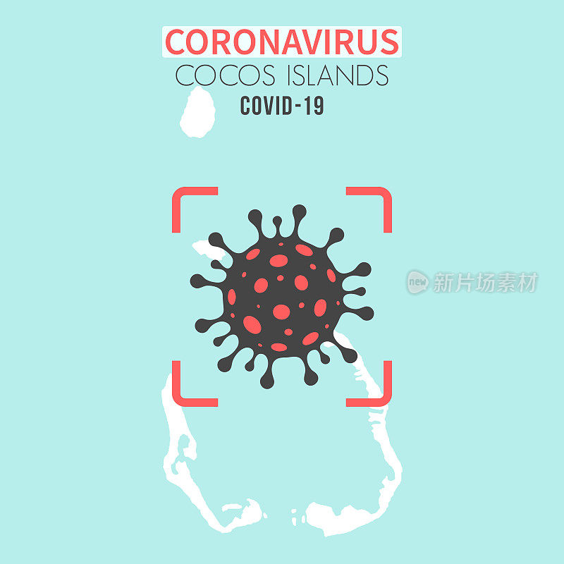 红色取景器显示COVID-19病毒细胞的科科斯群岛地图