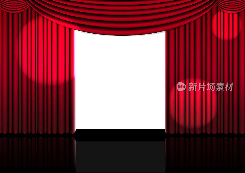 室内的写实歌剧舞台，有红色的幕布和聚光灯，用于喜剧表演或歌剧表演电影。矢量插图。