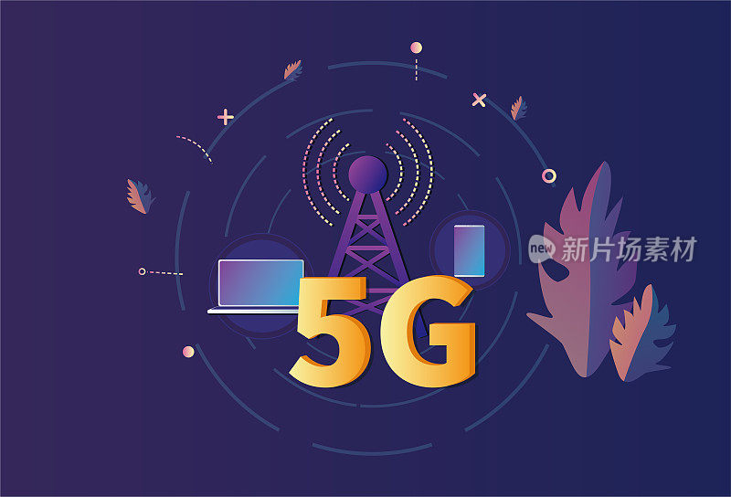 5G网络连接网络塔、笔记本电脑和手机