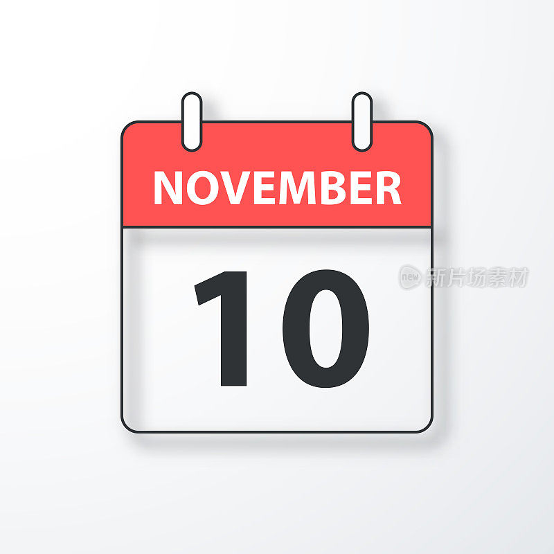 11月10日-每日日历-黑色大纲与阴影在白色背景