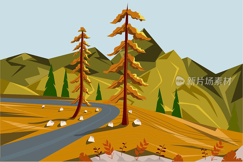 秋天的风景。山路，两棵树，从上面看山景。矢量图
