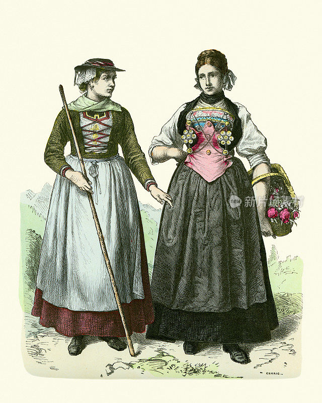 传统服饰瑞士19世纪。女人穿衣服，沃利斯，安德瓦尔登