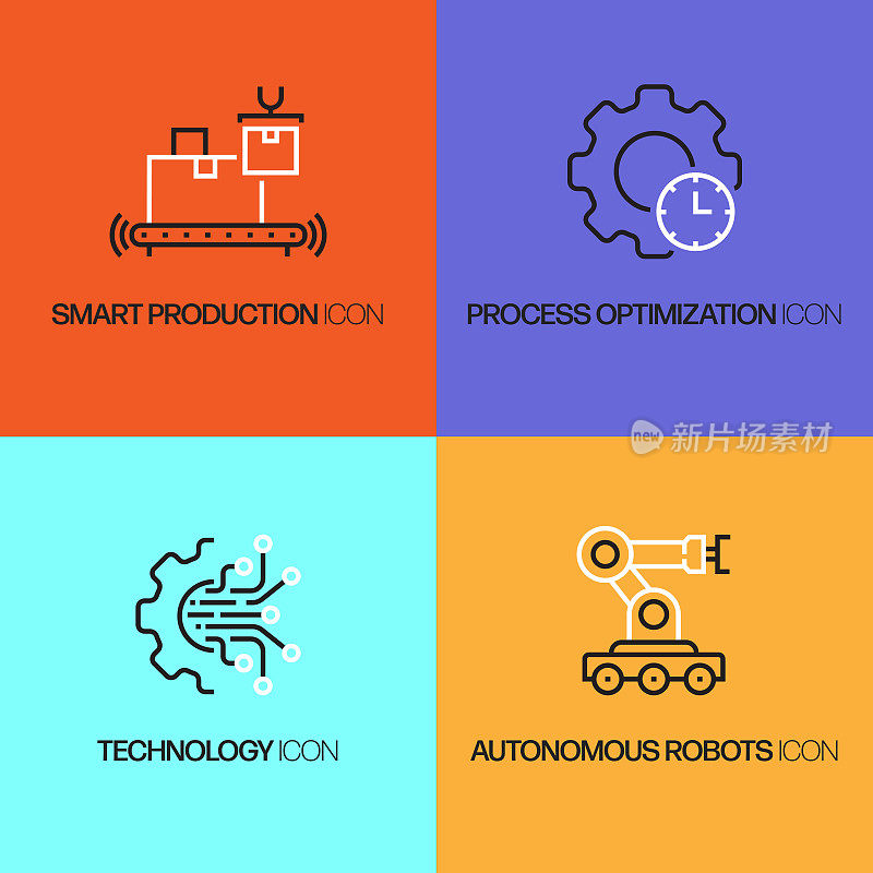 工业4.0相关线条图标。向量符号说明。