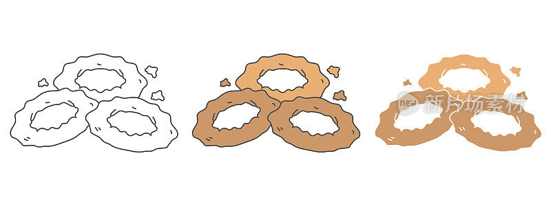 洋葱圈设计矢量插图。食物手绘卡通。黑白轮廓