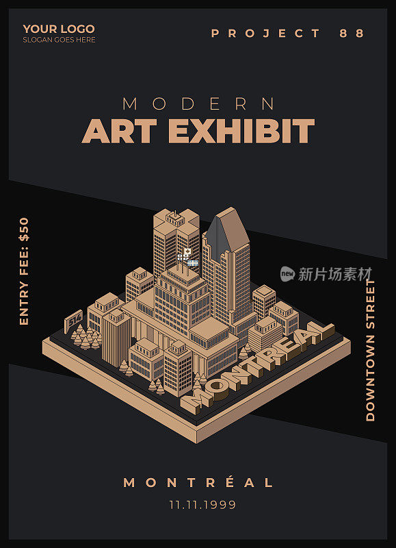 现代等距传单或海报模板的市中心蒙特利尔加拿大活动推广或艺术展览或博物馆