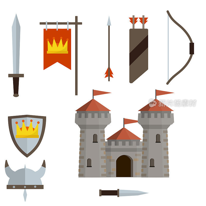 中世纪的一套物品。欧洲城堡有塔，盾牌，剑，红旗，比赛，箭，弓，箭筒，维京人的头盔。历史主题。卡通平面插图。旧盔甲和骑士武器