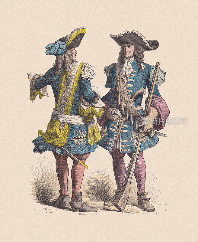 17世纪的《法国军官和火枪手》，手工着色木刻，大约1880年出版