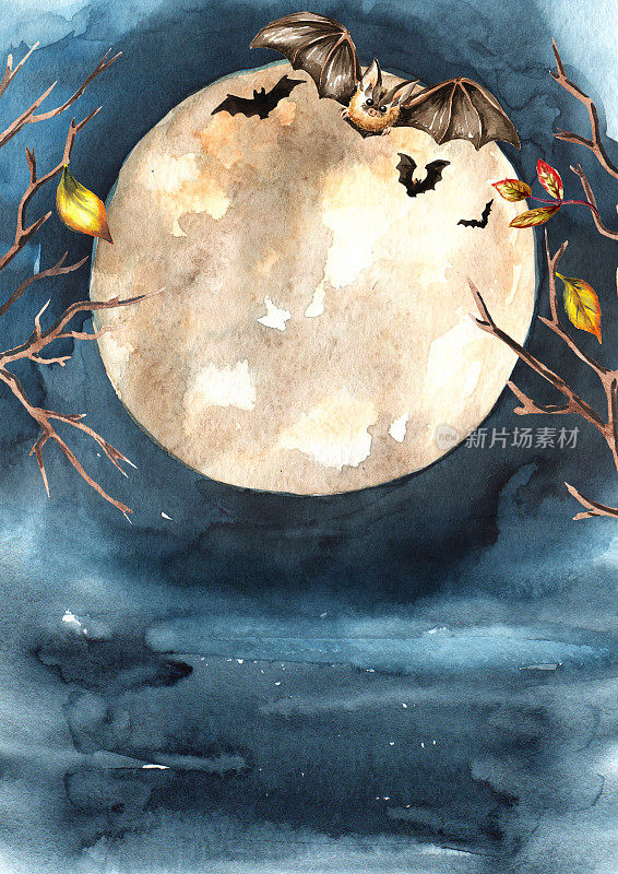 万圣节的背景，满月映衬着黑暗的天空，节日的概念。手绘水彩插图