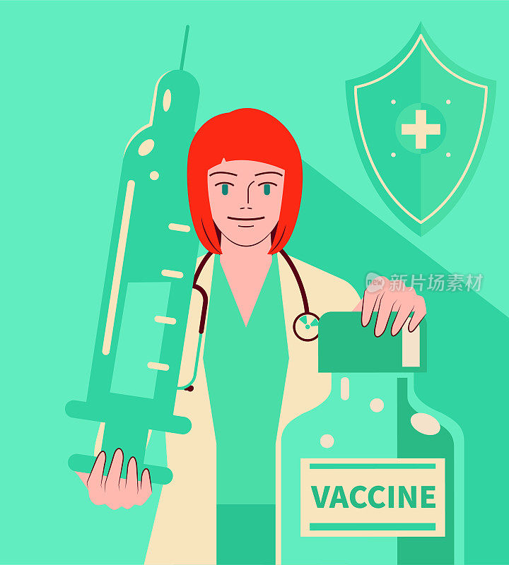 美丽的年轻女医生(护士)戴着听诊器，拿着疫苗瓶和注射器抗击冠状病毒(COVID-19，流感病毒)