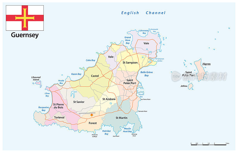 海峡岛根西岛的行政区划和道路地图