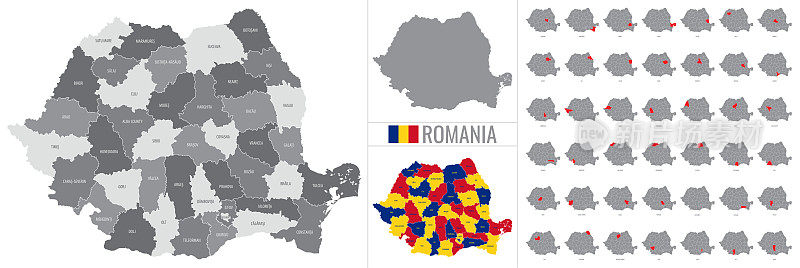 罗马尼亚地区的详细矢量地图与旗帜