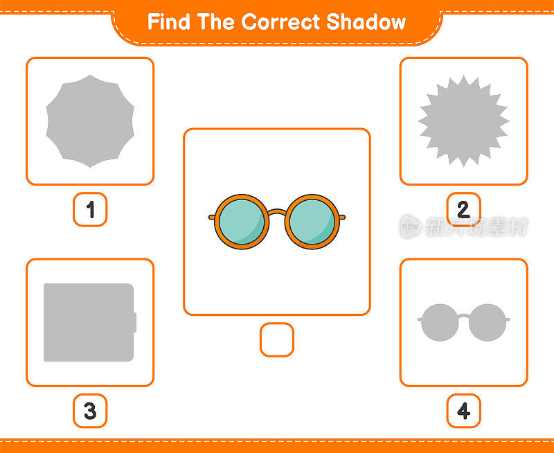 找到正确的影子。找到并匹配太阳镜的正确阴影。教育儿童游戏，可打印的工作表，矢量插图
