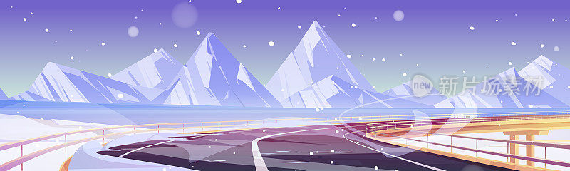 汽车立交桥、结冰的湖、雪山