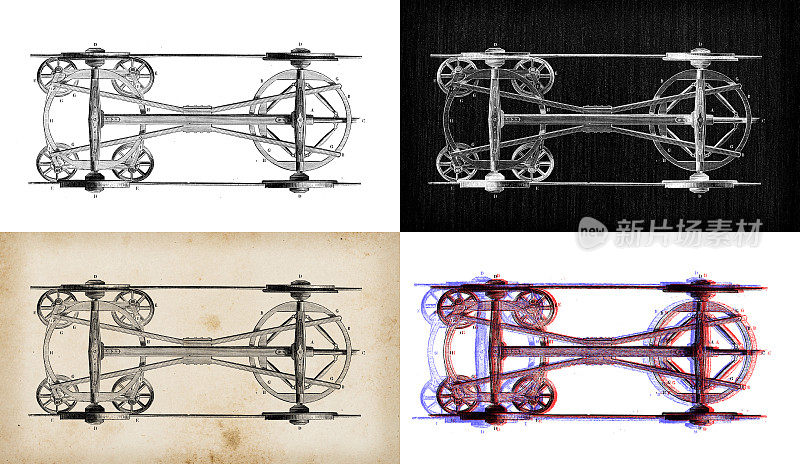 科学发现的古董插图:火车零件