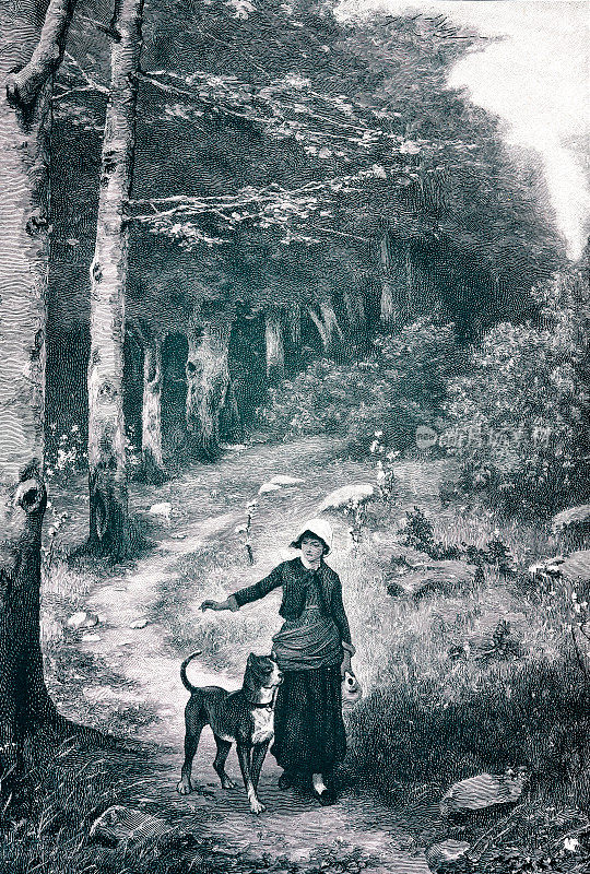 一个带着马克杯的年轻女子带着一只狗穿过森林
