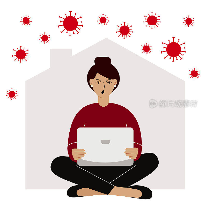 Self-quarantine概念。在病毒爆发期间在家工作。用笔记本电脑工作的人。愤怒、抑郁